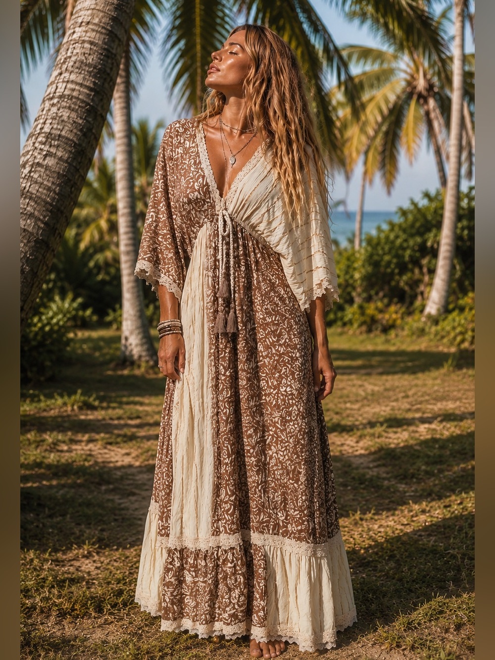 Boho Cream & Brown Floral Maxi Dress - Lightweight V-Neck